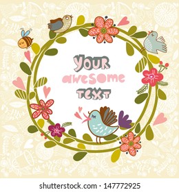 Beautiful bright greeting card with floral wreath and birds. Bright illustration, can be used as creating card, invitation card for wedding,birthday and other holiday and cute summer background.