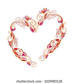 Beautiful bright heart shaped vector floral frame or border isolated on white