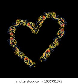 Beautiful bright heart shaped vector floral frame or border isolated on black