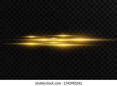 
Beautiful bright horizontal flare. Golden glare on a transparent background. Light stripes on a dark background. Yellow rays.