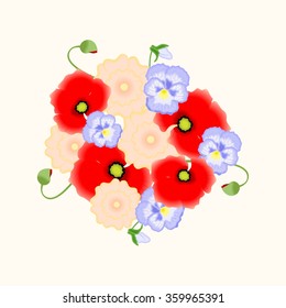 beautiful and bright illustration with flowers - poppies, chrysanthemums, pansies.