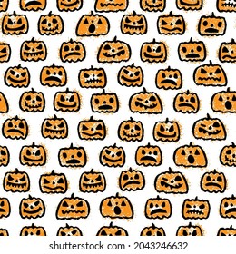 Beautiful bright inky orange halloween pumpkin isolated on white background. Cute festive seamless pattern. Vector simple flat graphic hand drawn illustration. Texture.