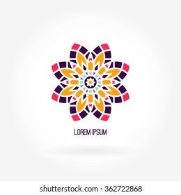 Beautiful bright juicy circular company logo, mark, emblem, element for boutique, sweets. Simple geometric mandala logotype. Business, invitations. Kaleidoscope flower. 