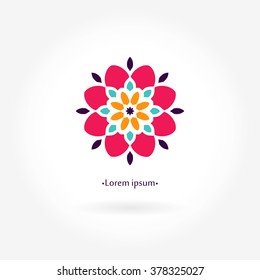 Beautiful bright juicy circular company logo, mark, emblem, element for boutique, sweets. Simple geometric mandala logotype. Business, invitations. Kaleidoscope flower. 