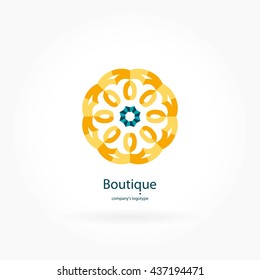 Beautiful bright juicy circular logo. Logotype for antique boutique, sweets. Company mark, emblem, element. Simple mandala. Business, invitations. Kaleidoscope big bud. Abstract decorative flower.