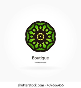Beautiful bright juicy circular logo. Logotype for boutique, sweets. Company logo, mark, emblem, element. Simple mandala logo. Business, invitations. Kaleidoscope big bud. Abstract decorative flower.
