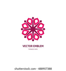 Beautiful bright juicy circular logo. Logotype for boutique, sweets. Company mark, emblem, element. Simple mandala. Business, invitations. Kaleidoscope big bud. Abstract decorative pink flower.