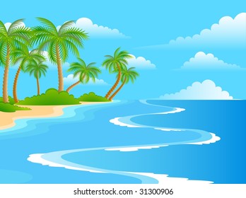 Beautiful a bright landscape on the summer beach with palm trees
