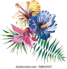 Beautiful bright lovely cute artistic wonderful tropical hawaii floral herbal summer colorful composition of tropical yellow pink blue hibiscus and lily and green palms leaves vector illustration