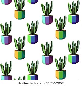 Beautiful bright lovely cute mexican hawaii tropical herbal floral summer colorful cacti in a violet, green, blue, yellow pots vector illustration