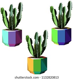 Beautiful bright lovely cute mexican hawaii tropical herbal floral summer colorful cacti in a violet, green, blue, yellow pots vector illustration