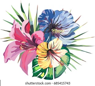 Beautiful bright lovely wonderful tropical hawaii floral herbal summer colorful composition of tropical yellow pink blue hibiscus and lily and green palms leaves vector illustration