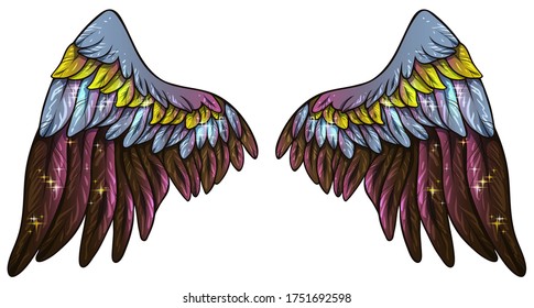 Hermosas alas negras mágicas y negras amarillas rosa, vector