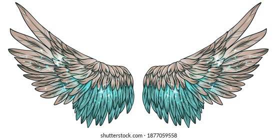 Beautiful bright magic glittery beige green wings, vector