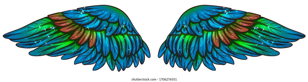 Beautiful bright magic glittery blue green red wings, vector