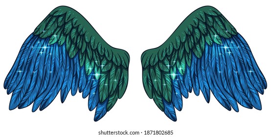 Beautiful bright magic glittery green blue wings, vector