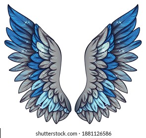 Beautiful bright magic glittery grey blue wings, vector