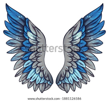 Beautiful bright magic glittery grey blue wings, vector