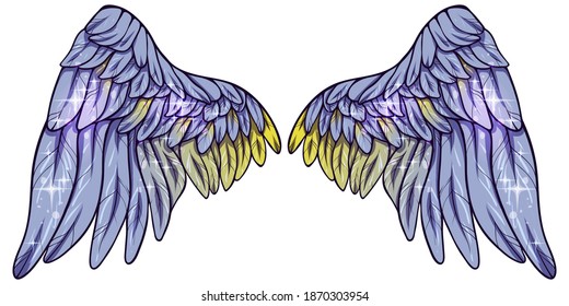 Beautiful bright magic glittery violet yellow wings, vector