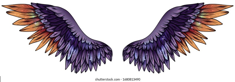 Beautiful bright magic glowing violet wings with some orange feathers, vector