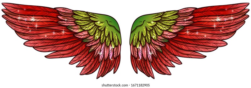 Beautiful bright magic shiny red green wings, vector