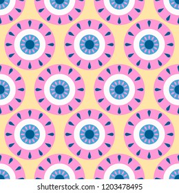 Beautiful bright monster eye vector pattern in soft shining pastels. Seamless vector repeat with circular shapes. Great for apparel design, backgrounds, wrapping paper, home decor, scrapbooking etc.