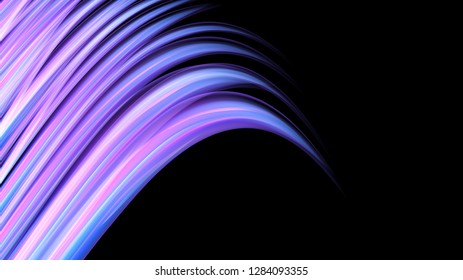 Beautiful bright motley purple pink abstract energetic magical cosmic fiery neon texture from lines and stripes, waves, flames with curves and twists on a black background and copy space. Vector.