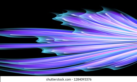 Beautiful bright motley purple pink abstract energetic magical cosmic fiery neon texture from lines and stripes, waves, flames with curves and twists on a black background and copy space. Vector.