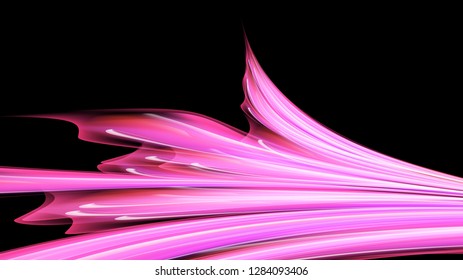 Beautiful bright motley purple pink abstract energetic magical cosmic fiery neon texture from lines and stripes, waves, flames with curves and twists on a black background and copy space. Vector.