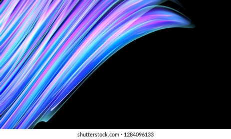 Beautiful bright motley purple pink abstract energetic magical cosmic fiery neon texture from lines and stripes, waves, flames with curves and twists on a black background and copy space. Vector.