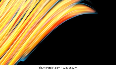 Beautiful bright motley yellow orange abstract energetic magical cosmic fiery neon texture of lines and stripes, waves, flames with twists and turns on a black background and copy space. Vector.