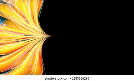 Beautiful bright motley yellow orange abstract energetic magical cosmic fiery neon texture of lines and stripes, waves, flames with twists and turns on a black background and copy space. Vector.