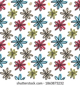 Beautiful bright multicolored chamomile flowers isolated on white background. Cute floral seamless pattern. Vector flat graphic hand drawn illustration. Texture.
