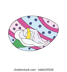 Hermoso huevo a rayas de Semana Santa pintado con una flor blanca de calla. vector dibujado a mano. Ilustración aislada en fondo blanco.