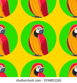 Beautiful and bright parrot on a yellow background, texture for design, seamless pattern, vector illustration