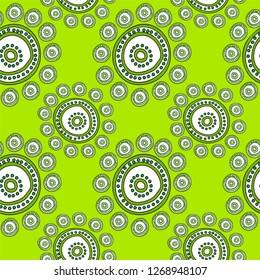 Beautiful bright patchwork abstract art vector seamless pattern. White and green circles like openwork flowers for desing, textile, wallpaper, wrapping, cover page, web, card, sale banner background.