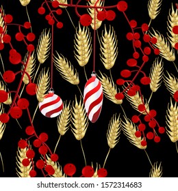 Beautiful bright pattern background for calendars, Wallpaper, fabric, print.Grain spikelets, hanging balls, red viburnum.Vector illustration
