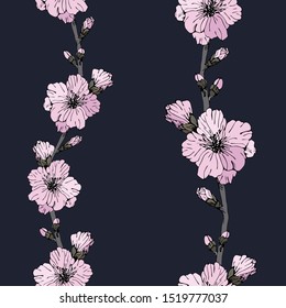 Beautiful and bright pattern from sakura flowers on dark violet background. Seamless spring floral pattern. Suitable for wallpaper, textile, packaging.