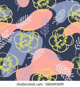 Beautiful bright pattern with tropical hibiscus flowers, leaves and branches. Exotic plants in a bright seamless pattern. Vector illustration.