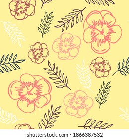 Hermoso patrón brillante con flores, hojas y ramas de hibiscos tropicales. Plantas exóticas en un patrón brillante y sin costuras. Ilustración vectorial.