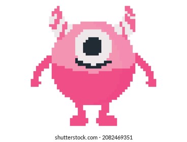 a beautiful bright pink monster illustration with a cheerful face with pixel theme