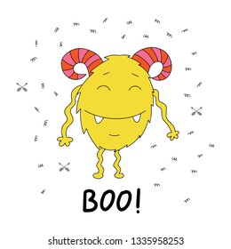 Beautiful bright print. Monster with funny inscription. Vector illustration of a funny print.