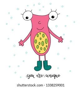Beautiful bright print. Monster with funny inscription. Vector illustration of a funny print.