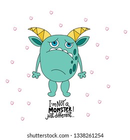 Beautiful bright print. Monster with funny inscription. Vector illustration of a funny print.