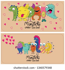 Beautiful bright prints. Cards with monsters. Vector illustration of card sets.