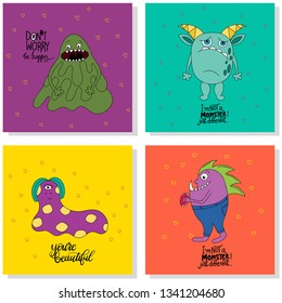 Beautiful bright prints. Cards with monsters. Vector illustration of card sets.