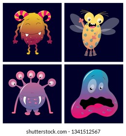 Beautiful bright prints. Cards with monsters. Vector illustration of card sets.