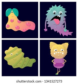 Beautiful bright prints. Cards with monsters. Vector illustration of card sets.