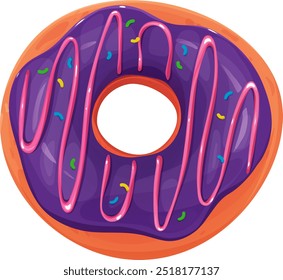 Beautiful, bright and purple donut with prose topping. Donut violet. Donut isolated on a white background. Cartoon style. Vector donut.