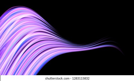 Beautiful bright purple pink abstract energetic magical cosmic fiery texture of lines and stripes, waves, flames with curves turning into infinity on a black background. Copy space. Vector.